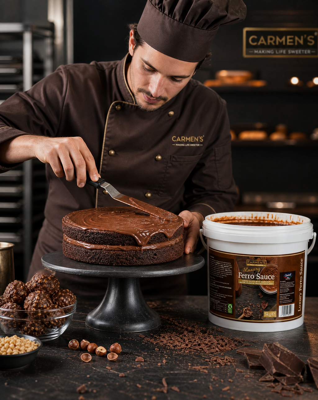 Carmen's _ Luxury Fererro Rocher Creamy spreadable Sauce, Cocoa Cream with Hazelnut, Wafer Chunks and Crushed hazelnut _ 5kg