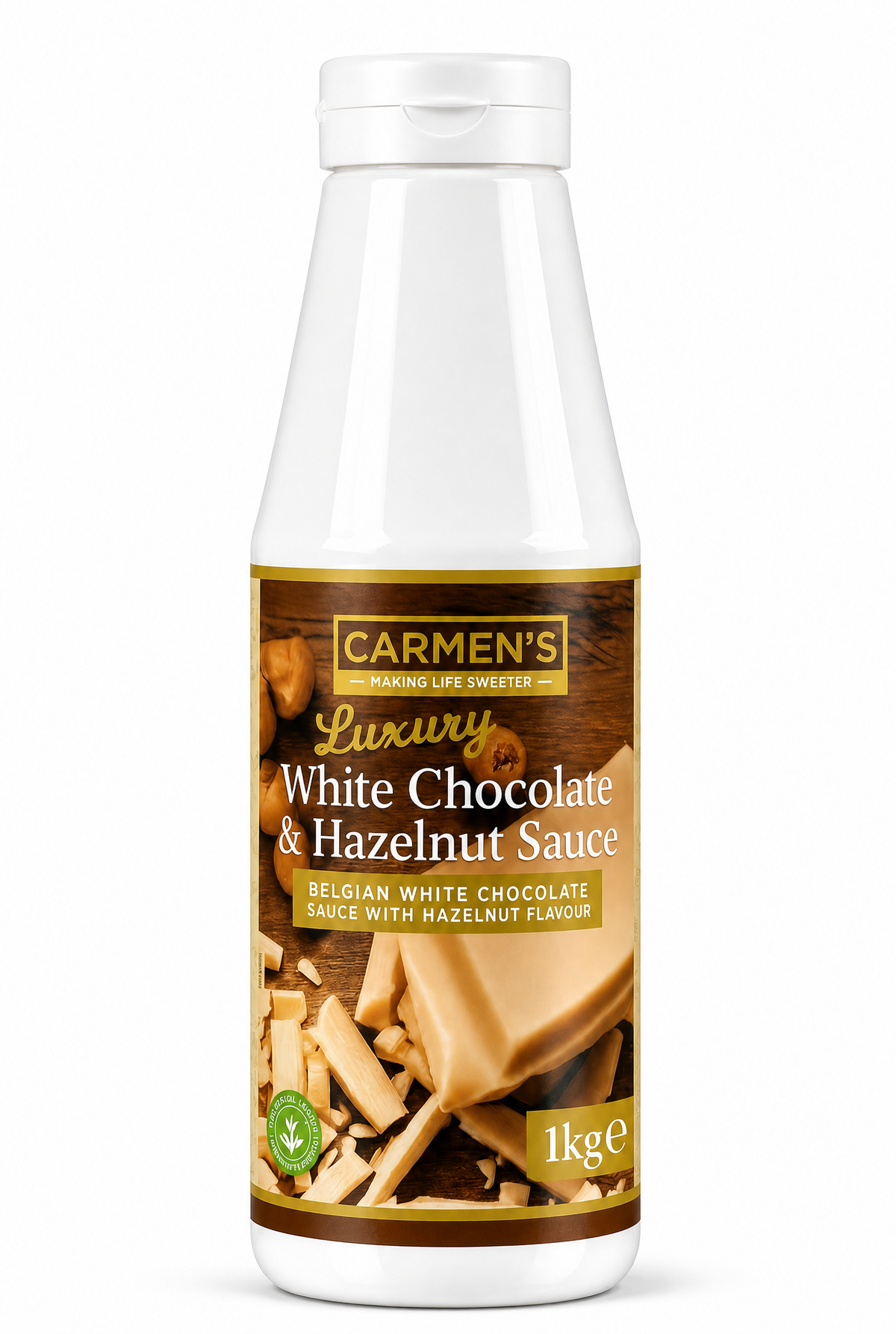 Carmen’s Luxury White Chocolate & Hazelnut Topping Sauce (Kinder Bueno) 1kg for professional use