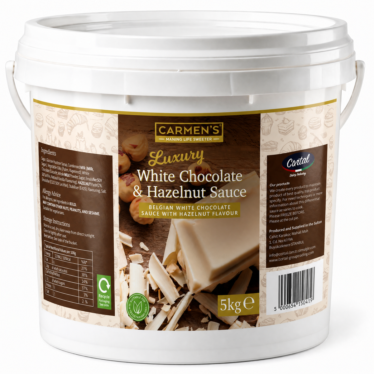 5kg Carmen’s Luxury White Chocolate & Hazelnut Topping Sauce (Kinder Bueno) 5kg for professional use