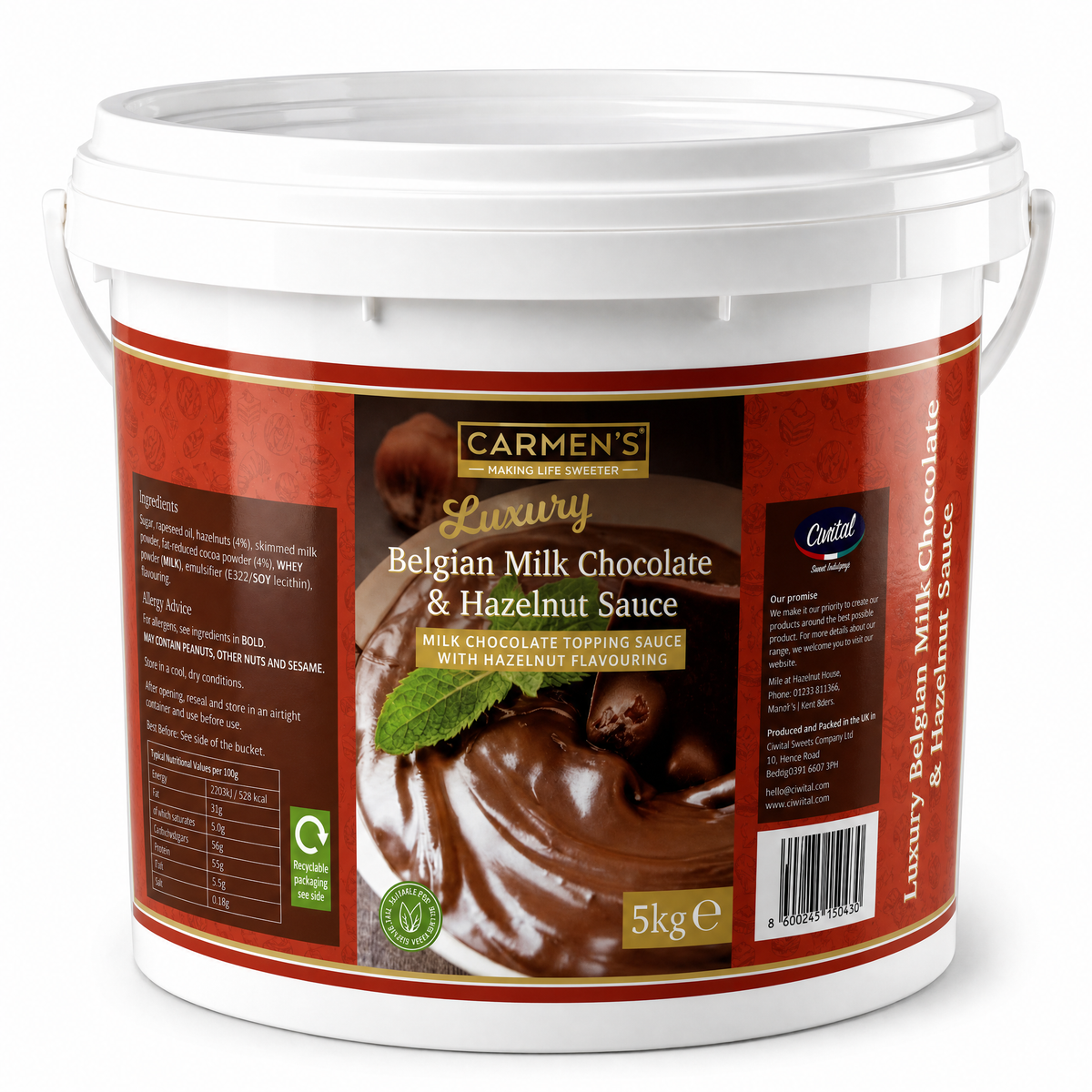 Carmen’s Luxury Belgian Milk Chocolate & Hazelnut Sauce (Nutella) 5kg for professional use