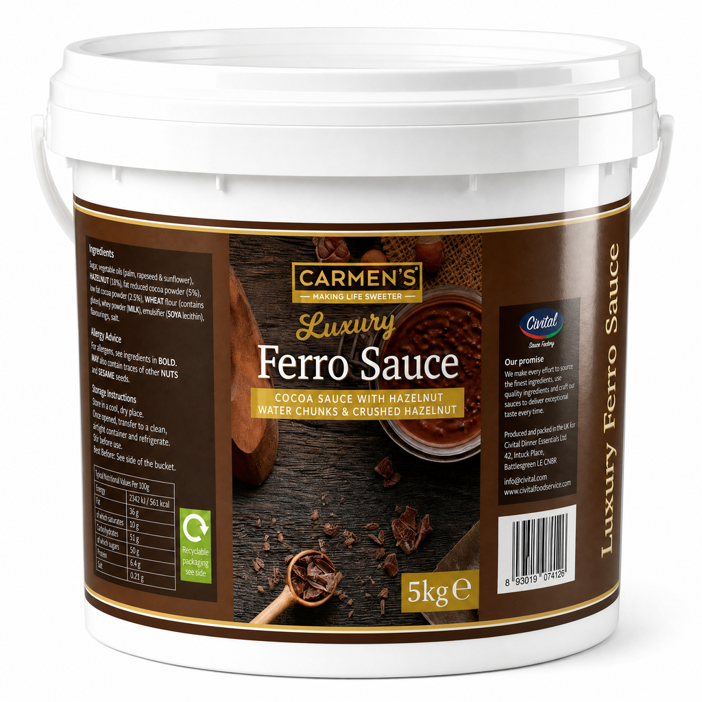 Carmen's _ Luxury Fererro Rocher Creamy spreadable Sauce, Cocoa Cream with Hazelnut, Wafer Chunks and Crushed hazelnut _ 5kg