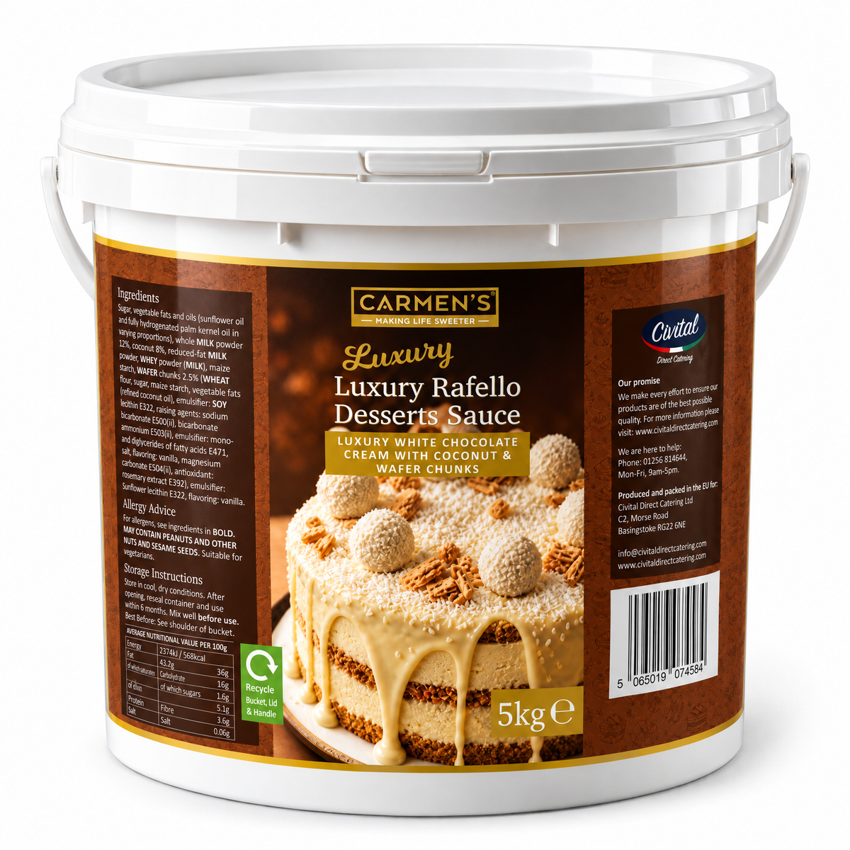 5kg Carmen’s Luxury White Chocolate Cream With Coconut & Wafer Chunks (Raffaello) Desserts Sauce 5kg for professional use