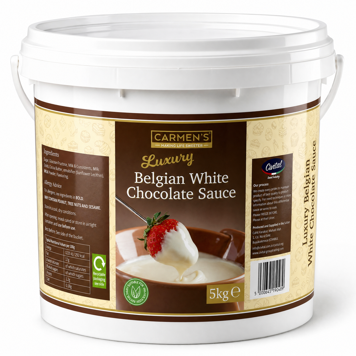 Carmen’s Luxury Belgian White Chocolate Sauce 5kg for professional use